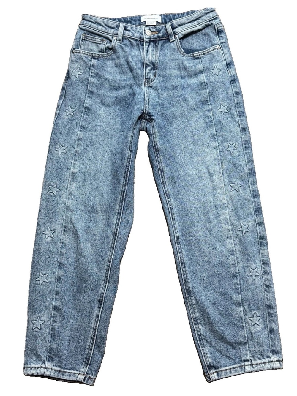 Urban Revivo Barrel Leg Jeans Size 2 Star Embroidered Cropped Slouchy Light Wash